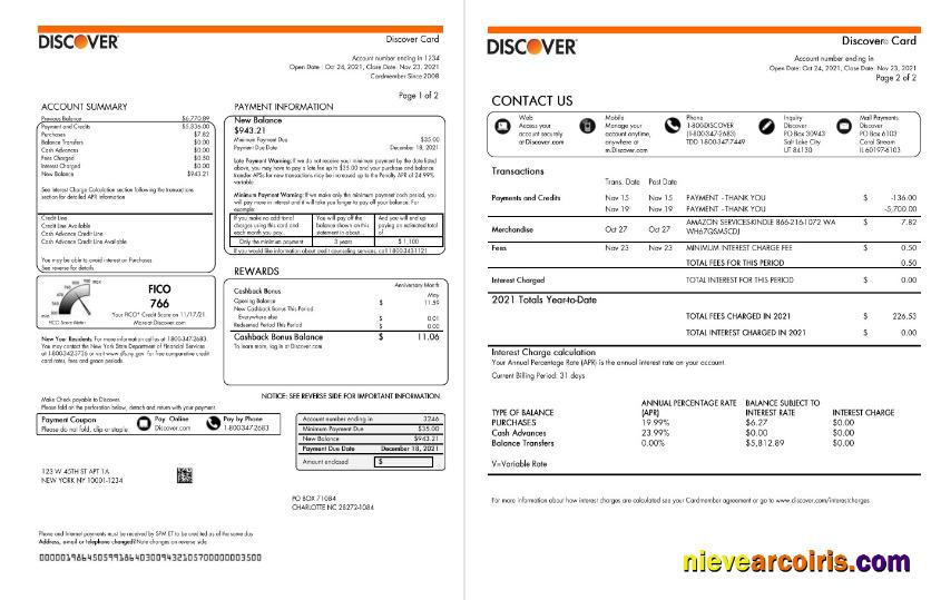 USA Discover bank credit card statement in Word and PDF format (2 pages)